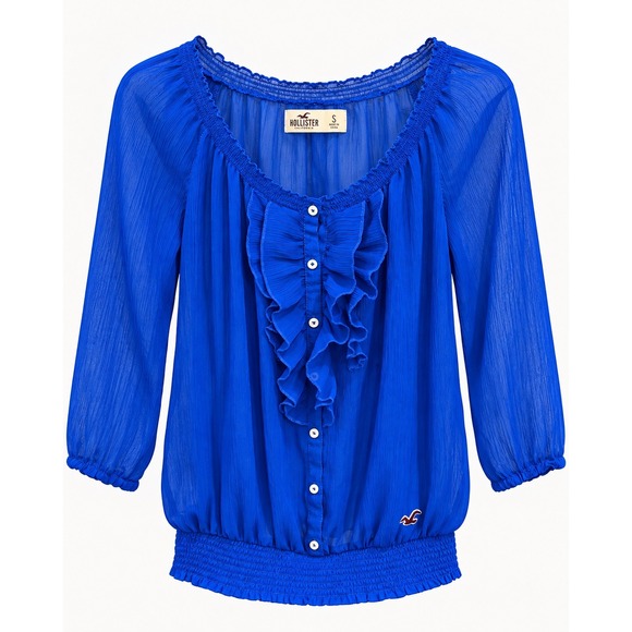 Hollister Tops - Hollister Womens Royal Blue Ruffle Front Smocked Waist Peasant Blouse Small